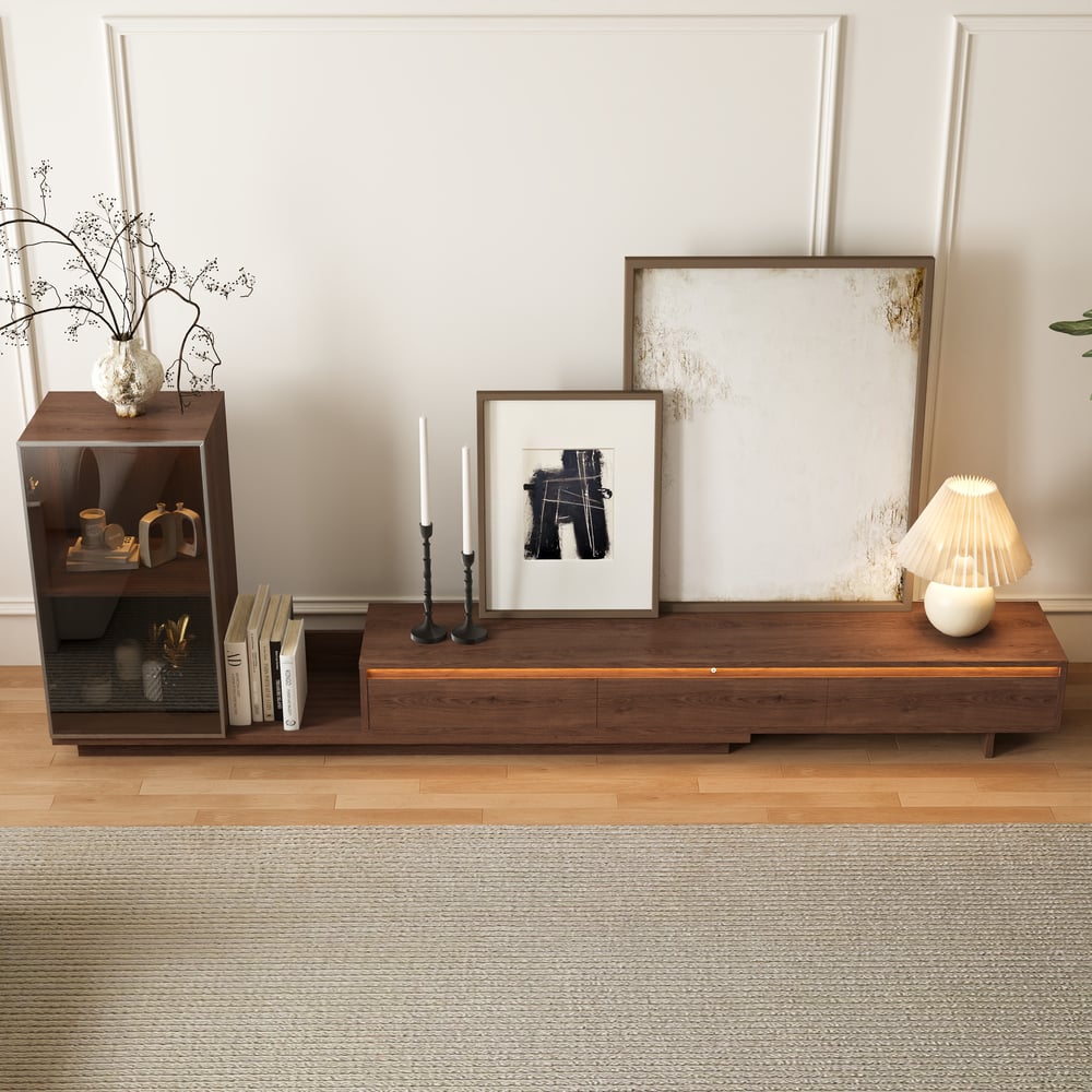 Fero Walnut Extendable TV Stand with Bookshelves & Light(2500mm-3930mm) window image