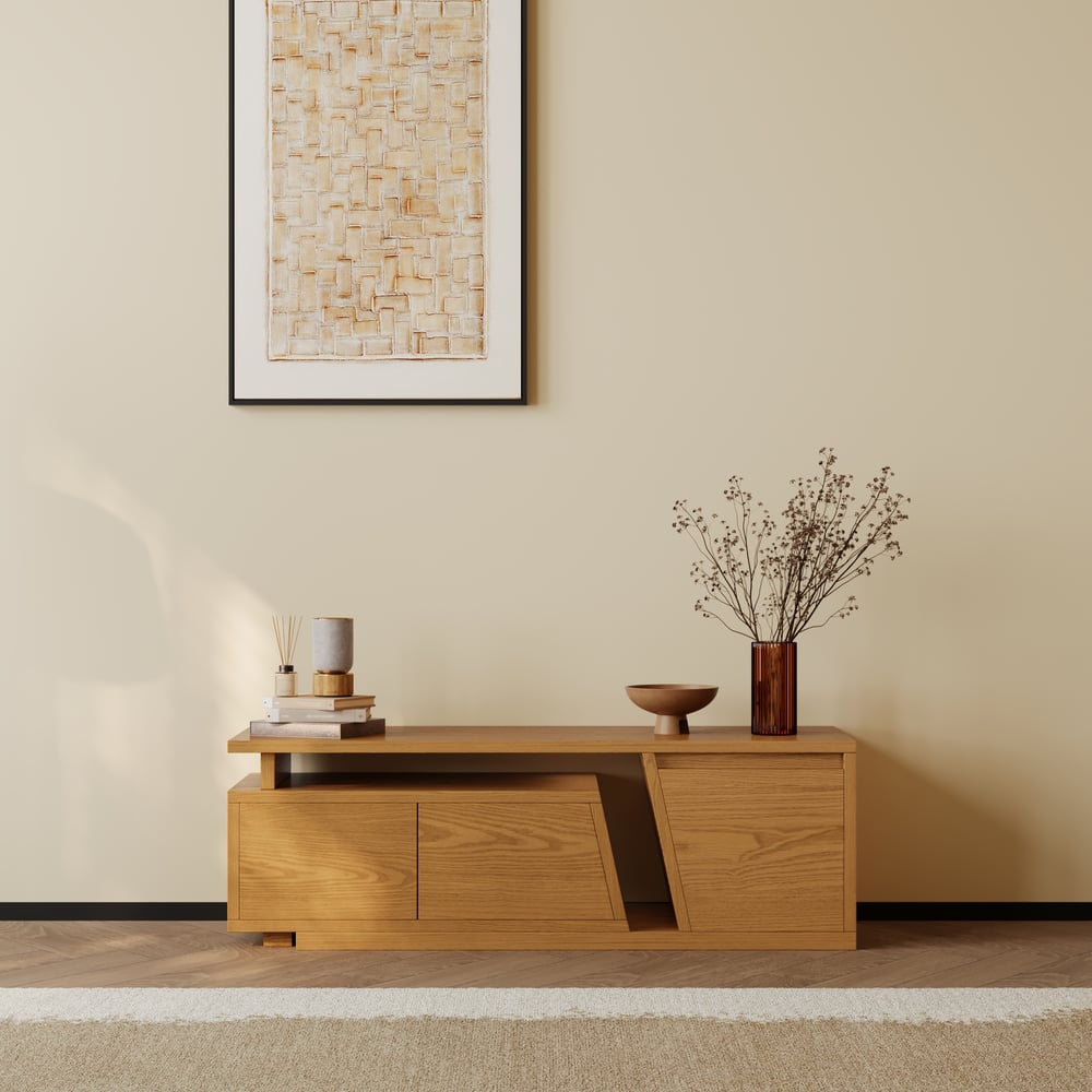 Meuble TV extensible Fero Natural avec 3 tiroirs (1200 mm-1800 mm) image de fenêtre