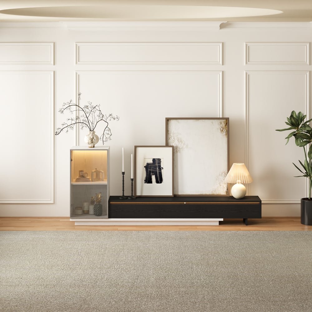 Fero White & Black Extendable TV Stand with Bookcase & LED Lighting(98"-155") window image