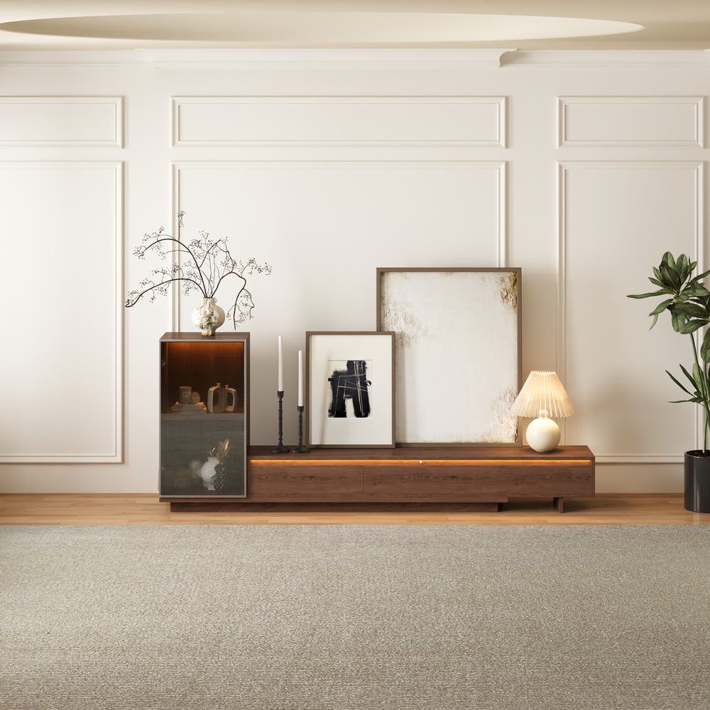 Fero Walnut Extendable TV Stand with Bookshelves & Light(2500mm-3930mm) window image