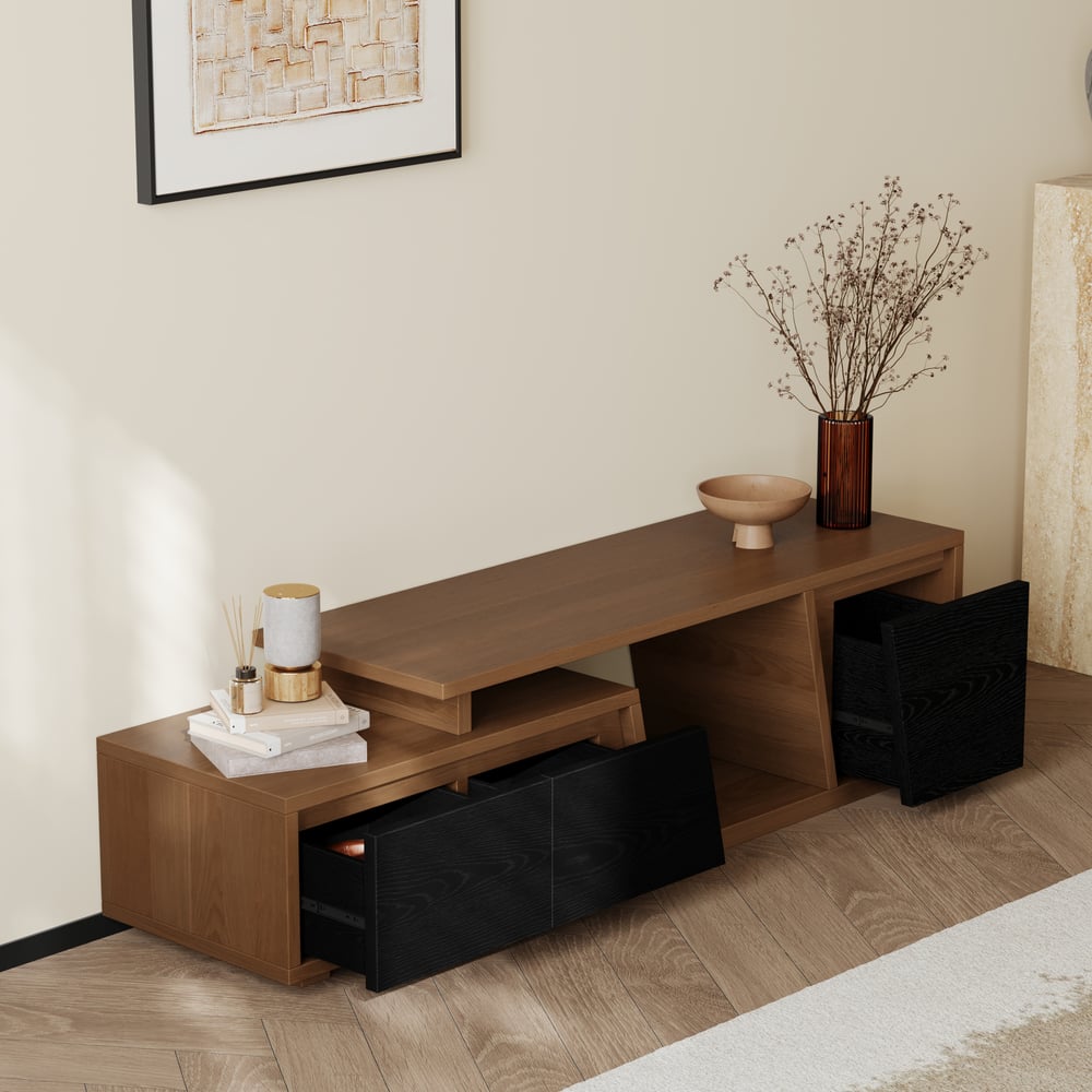 Fero Black & Walnut Extendable TV Stand with 3 Drawers(47"-71") window image