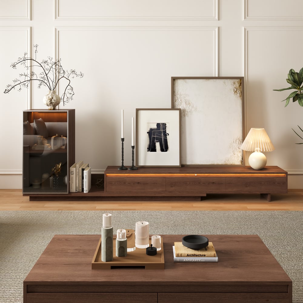 Fero Walnut Extendable TV Stand with Bookshelves & Light(2500mm-3930mm) window image