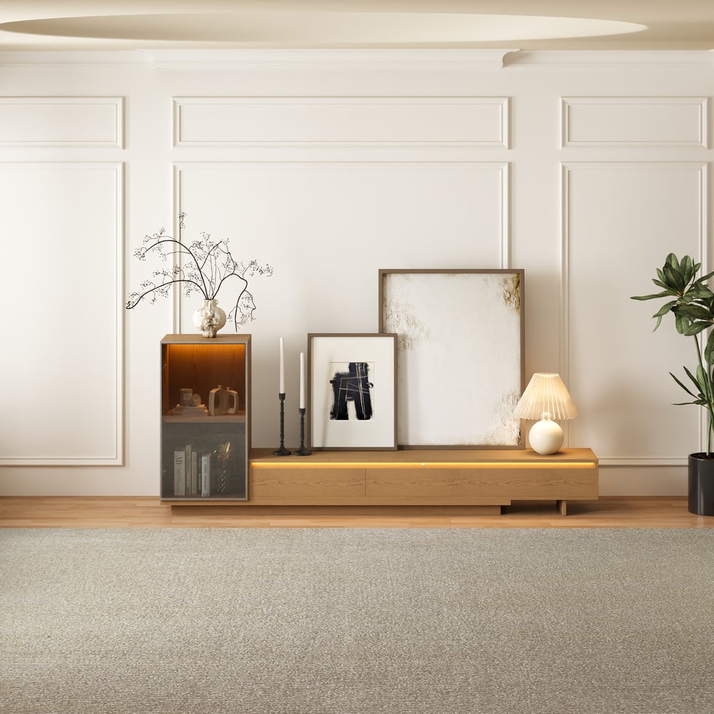 Fero Natural Extendable TV Stand with Bookcase & LED Lighting(98"-155") window image