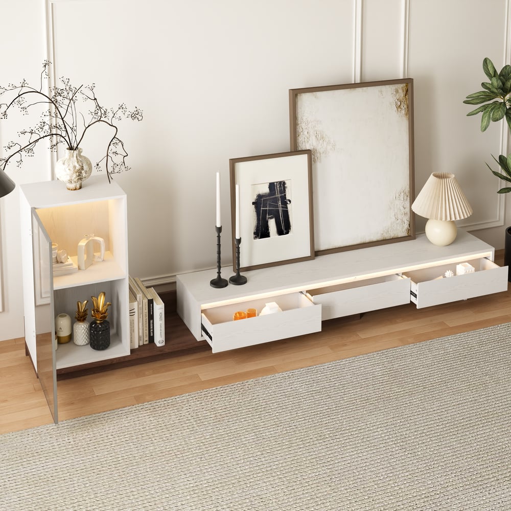 Fero White & Walnut Extendable TV Stand with Bookcase & LED Lighting(98"-155") window image