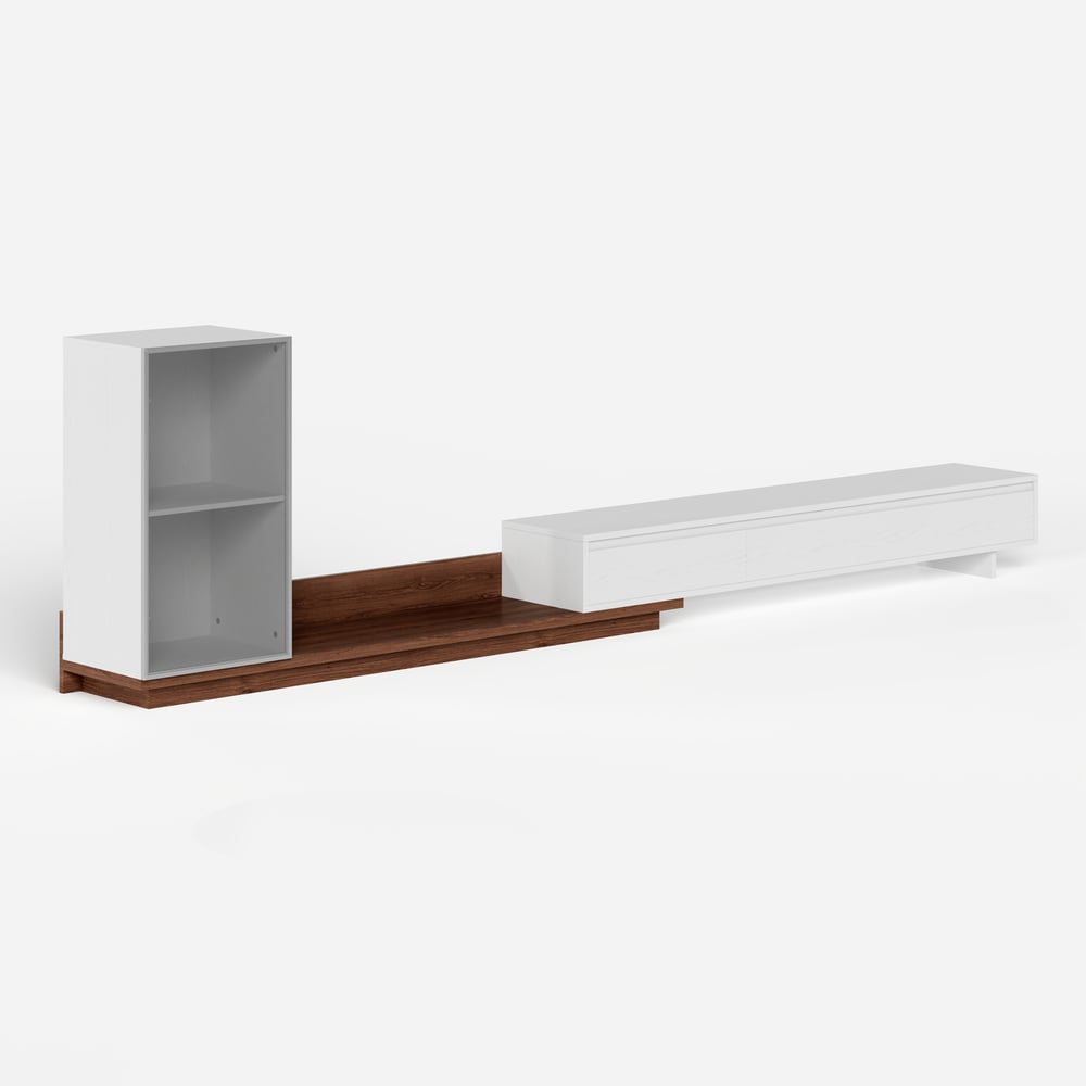 Fero White & Walnut Extendable TV Stand with Bookcase & LED Lighting(98"-155") window image