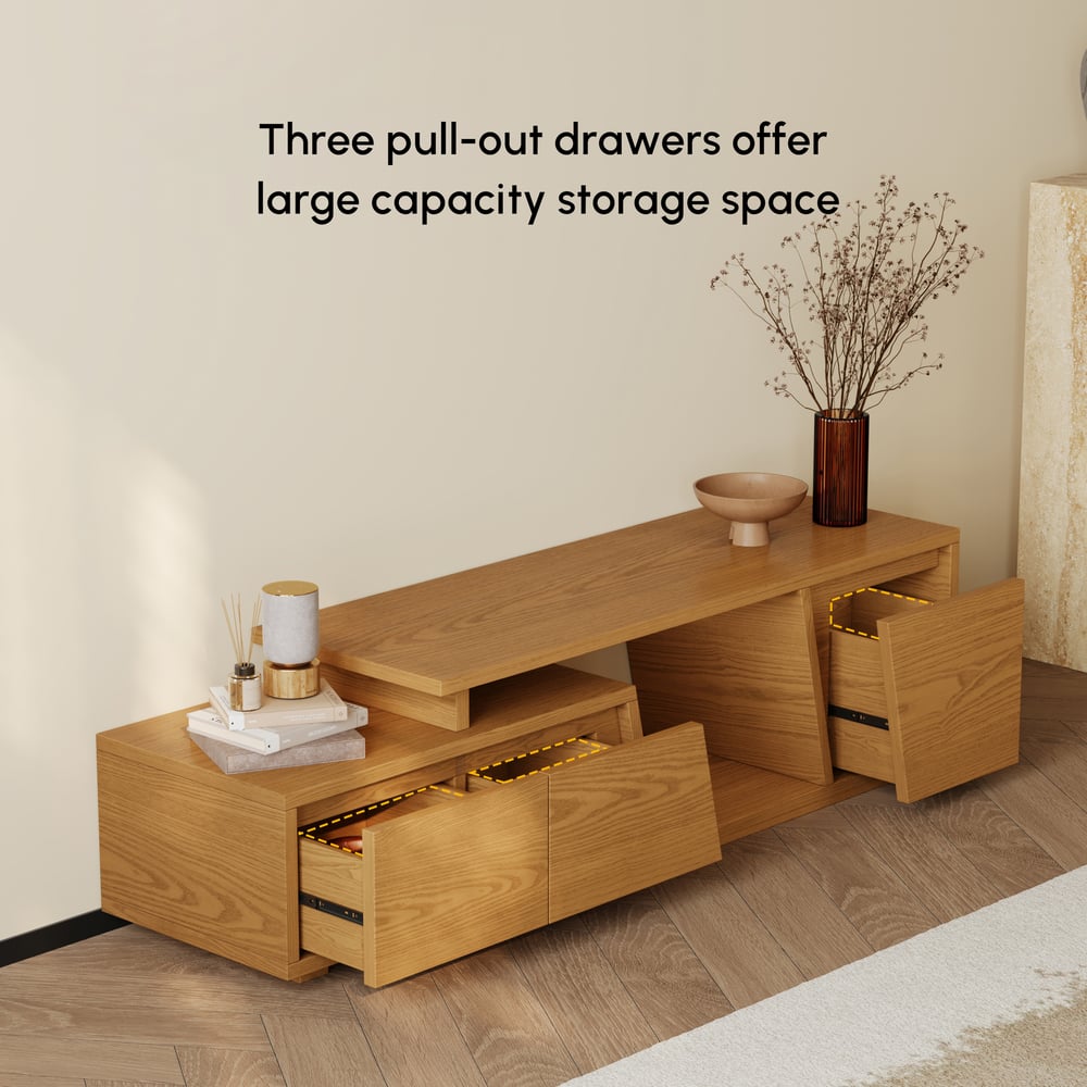 Meuble TV extensible Fero Natural avec 3 tiroirs (1200 mm-1800 mm) image de fenêtre