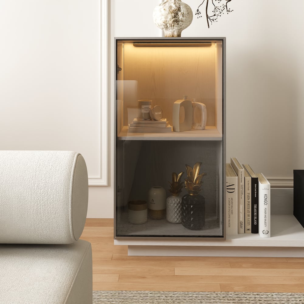 Fero White & Black Extendable TV Stand with Bookcase & LED Lighting(98"-155") window image