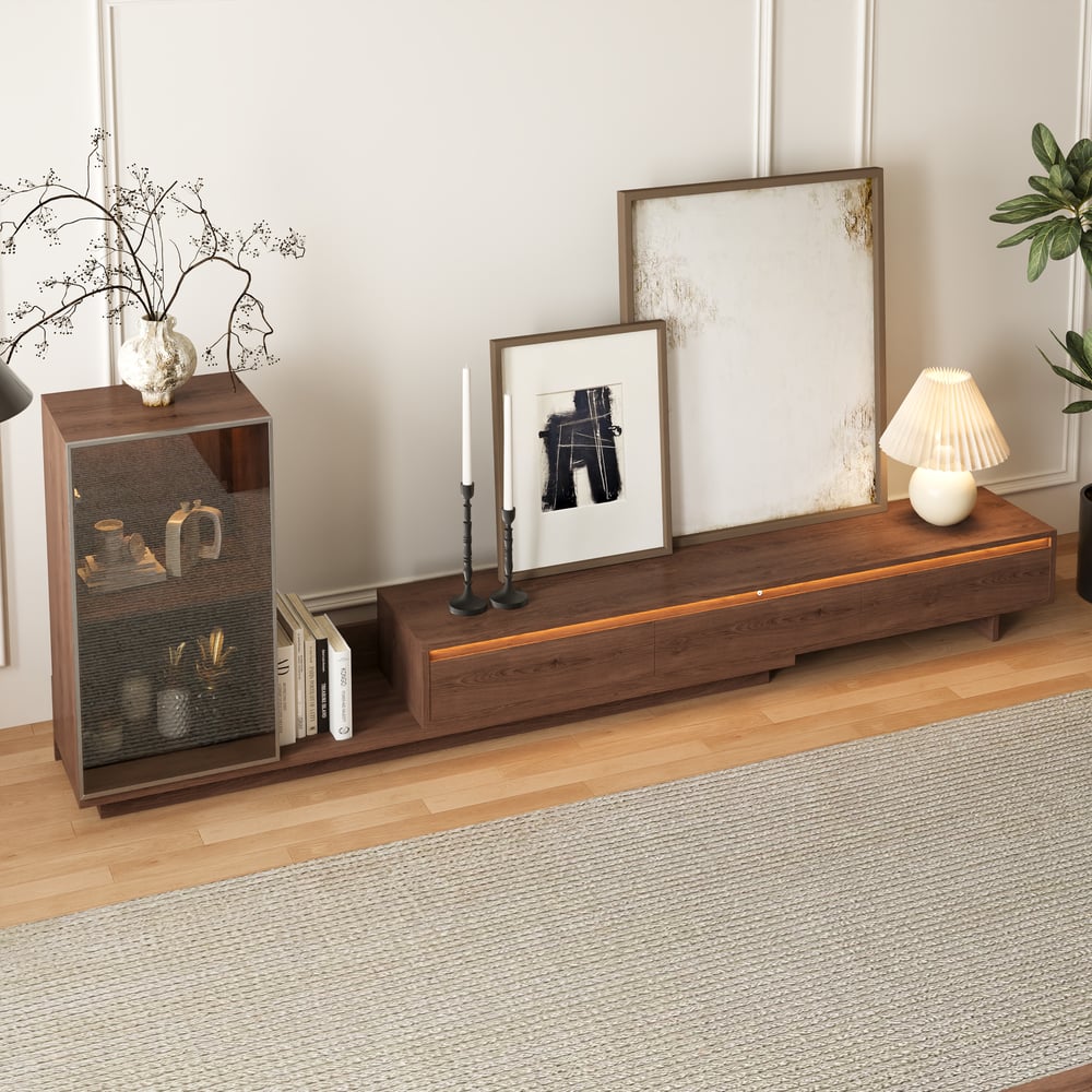 Fero Walnut Extendable TV Stand with Bookshelves & Light(2500mm-3930mm) window image