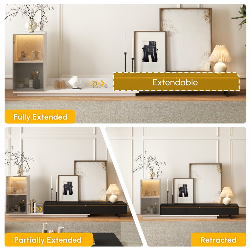 Fero White & Black Extendable TV Stand with Bookcase & LED Lighting(98"-155") window image