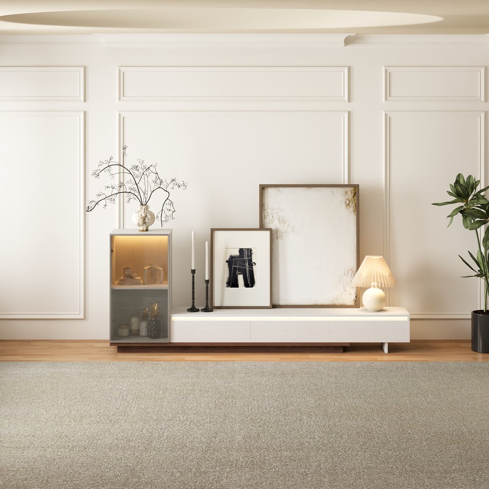 Fero White & Walnut Extendable TV Stand with Bookcase & LED Lighting(98"-155") window image