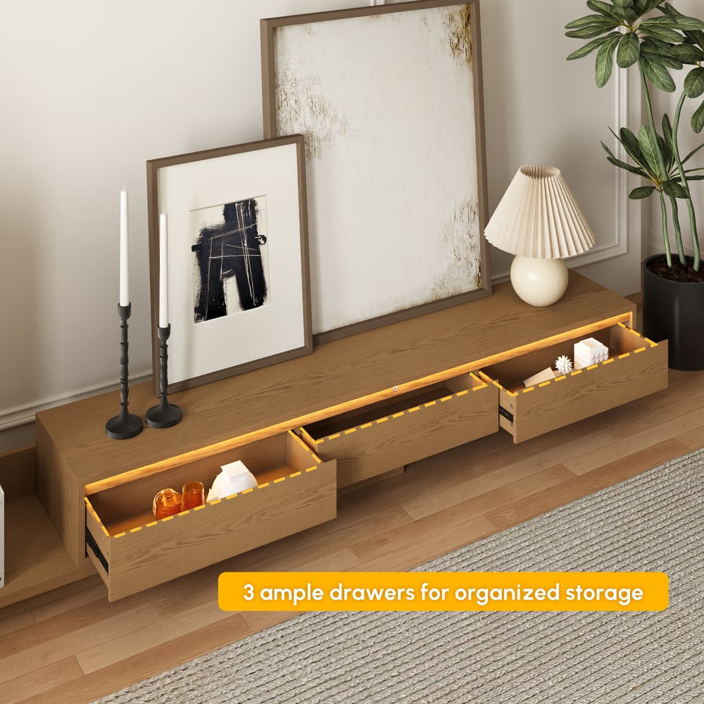 Fero Natural Extendable TV Stand with Bookcase & LED Lighting(98"-155") window image