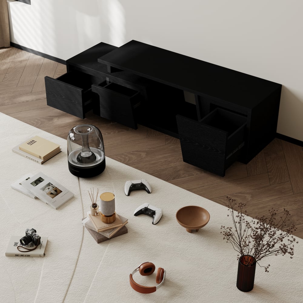 Fero Black Extendable TV Stand with 3 Drawers(1200mm-1800mm) window image