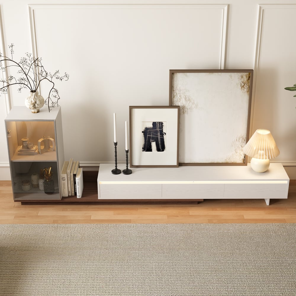 Fero White & Walnut Extendable TV Stand with Bookcase & LED Lighting(98"-155") window image