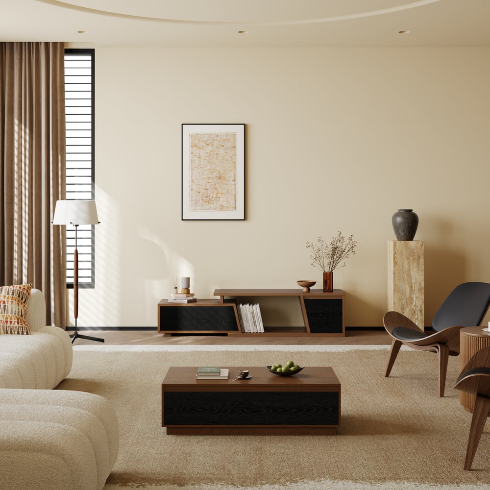 Fero Black & Walnut Extendable TV Stand with 3 Drawers(47"-71") window image