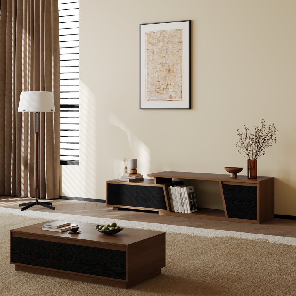 Fero Black & Walnut Extendable TV Stand with 3 Drawers(47"-71") window image