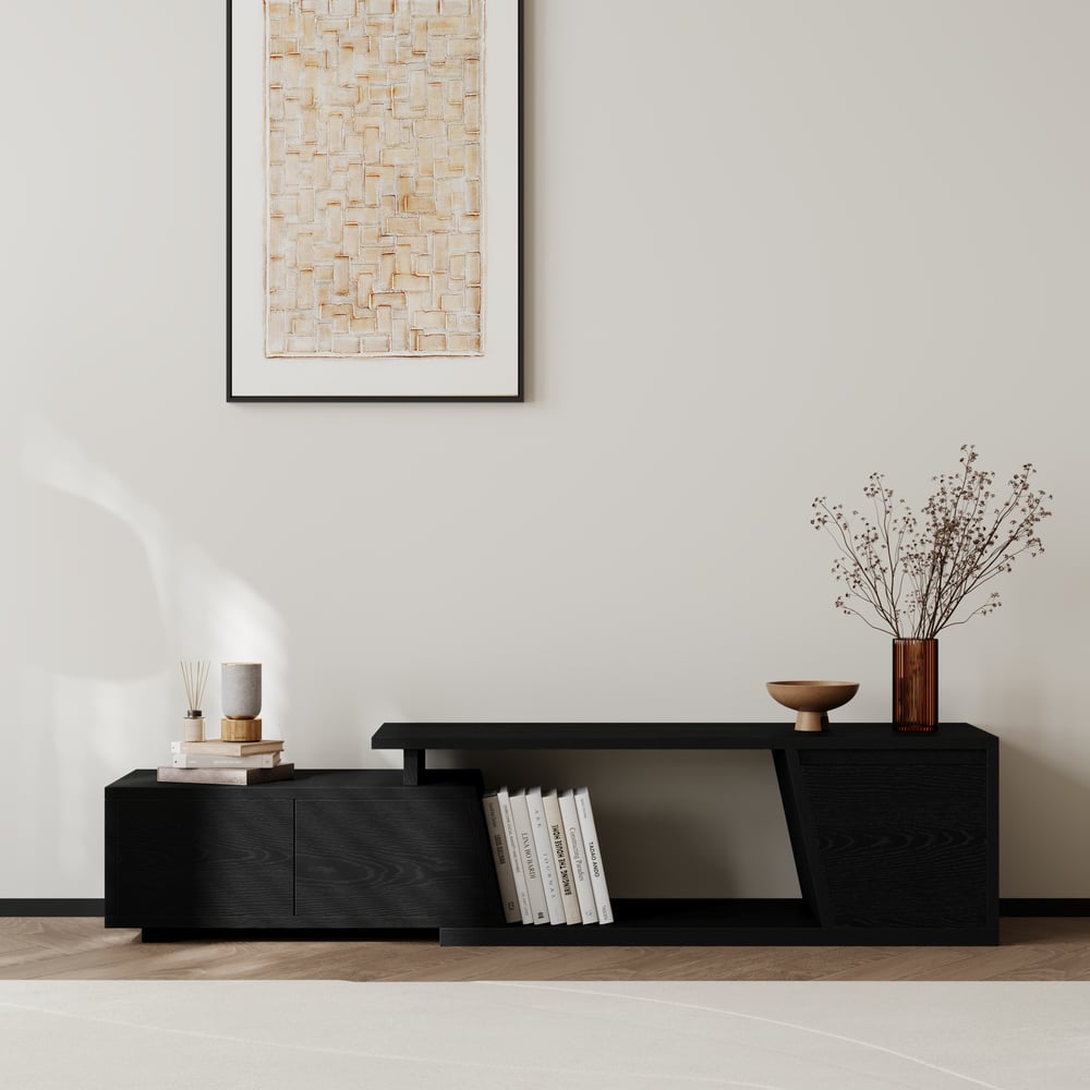 Fero Black Extendable TV Stand with 3 Drawers(1200mm-1800mm) window image