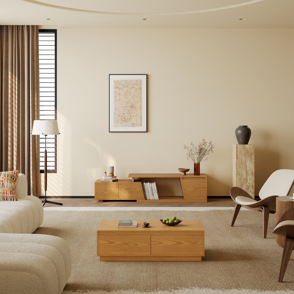 Meuble TV extensible Fero Natural avec 3 tiroirs (1200 mm-1800 mm) image de fenêtre