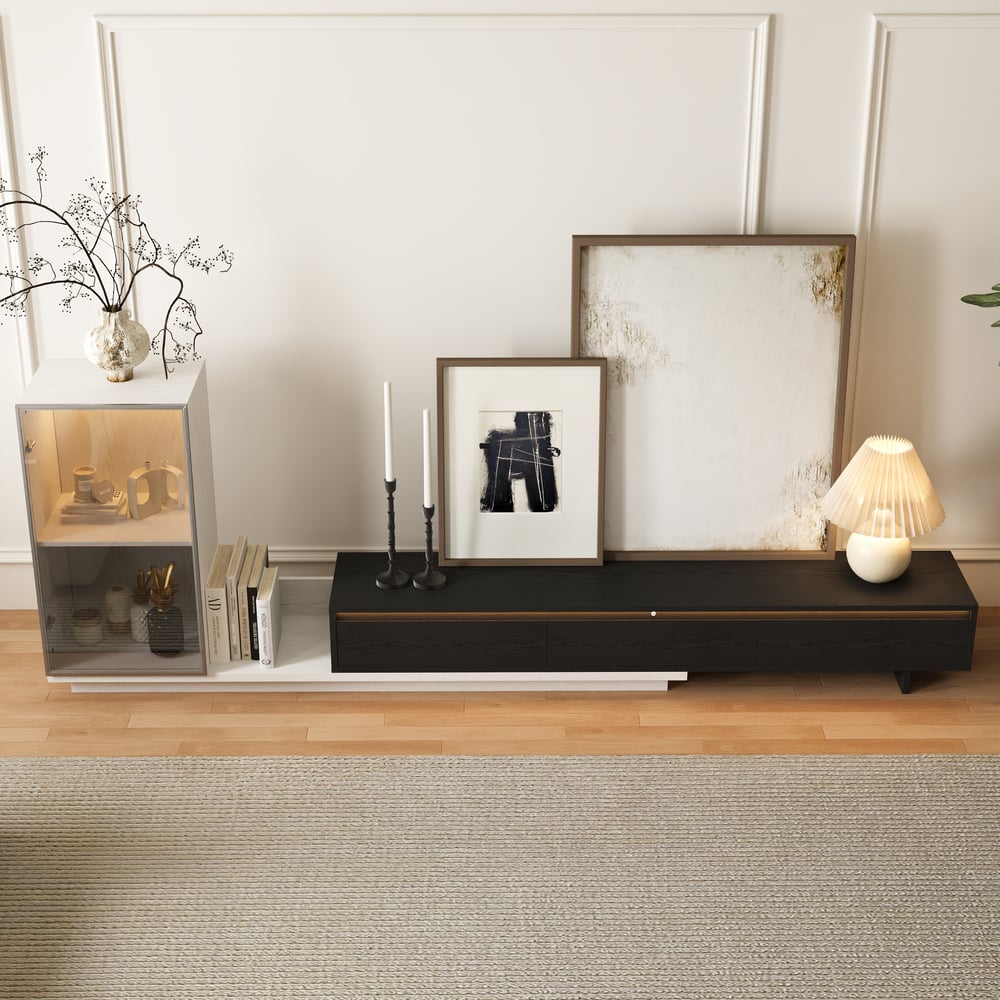 Fero White & Black Extendable TV Stand with Bookcase & LED Lighting(98"-155") window image