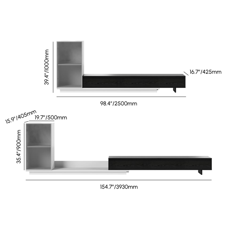 Fero White & Black Extendable TV Stand with Bookcase & LED Lighting(98"-155") weights dimensions image