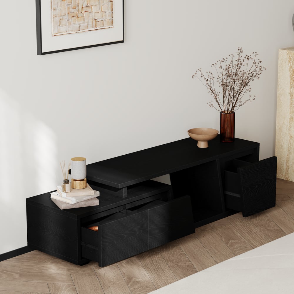 Fero Black Extendable TV Stand with 3 Drawers(1200mm-1800mm) window image