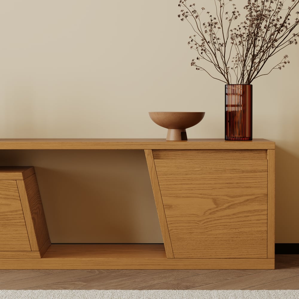 Meuble TV extensible Fero Natural avec 3 tiroirs (1200 mm-1800 mm) image de fenêtre