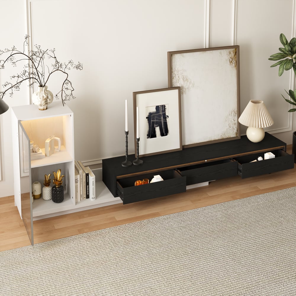 Fero White & Black Extendable TV Stand with Bookcase & LED Lighting(98"-155") window image