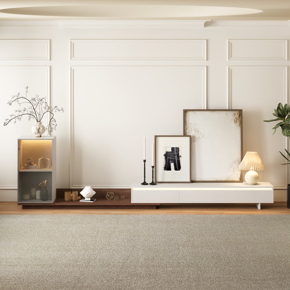 Fero White & Walnut Extendable TV Stand with Bookcase & LED Lighting(98"-155") window image