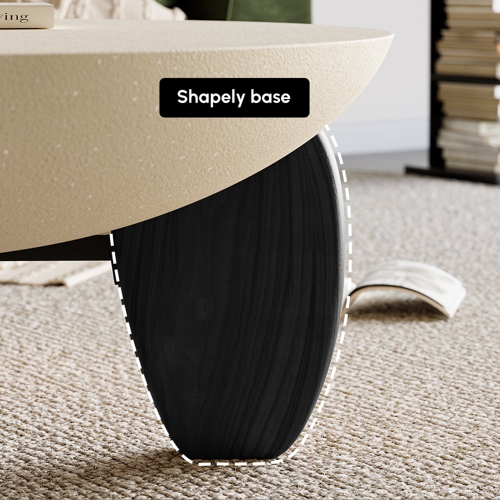 Curva ronde betonnen zwarte salontafel met houten poten Vensterafbeelding