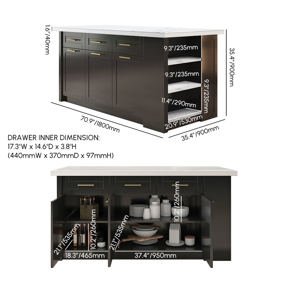 70.9" Modern Style Sintered Stone Kitchen Islands with Multi-Storage White & Black weights dimensions image
