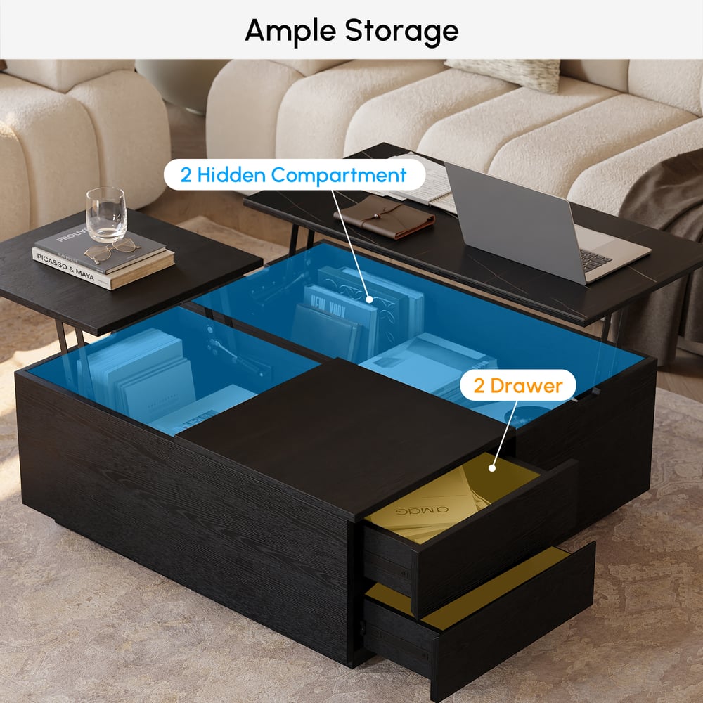 39" vierkante salontafel van travertijnfineer met lift en gesinterde stenen opbergruimte Vensterafbeelding