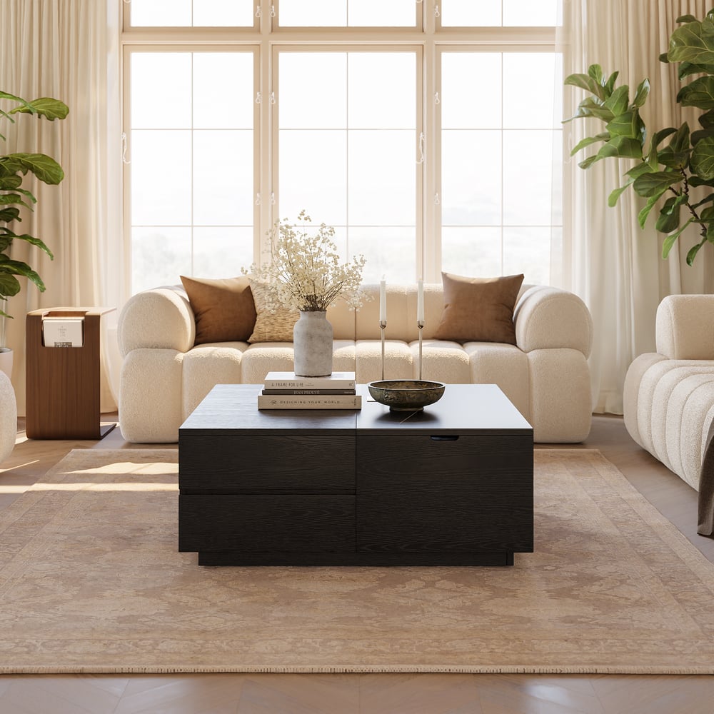 39" vierkante salontafel van travertijnfineer met lift en gesinterde stenen opbergruimte Vensterafbeelding