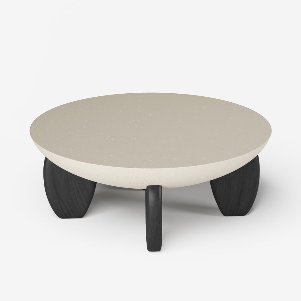 Curva ronde betonnen zwarte salontafel met houten poten Vensterafbeelding