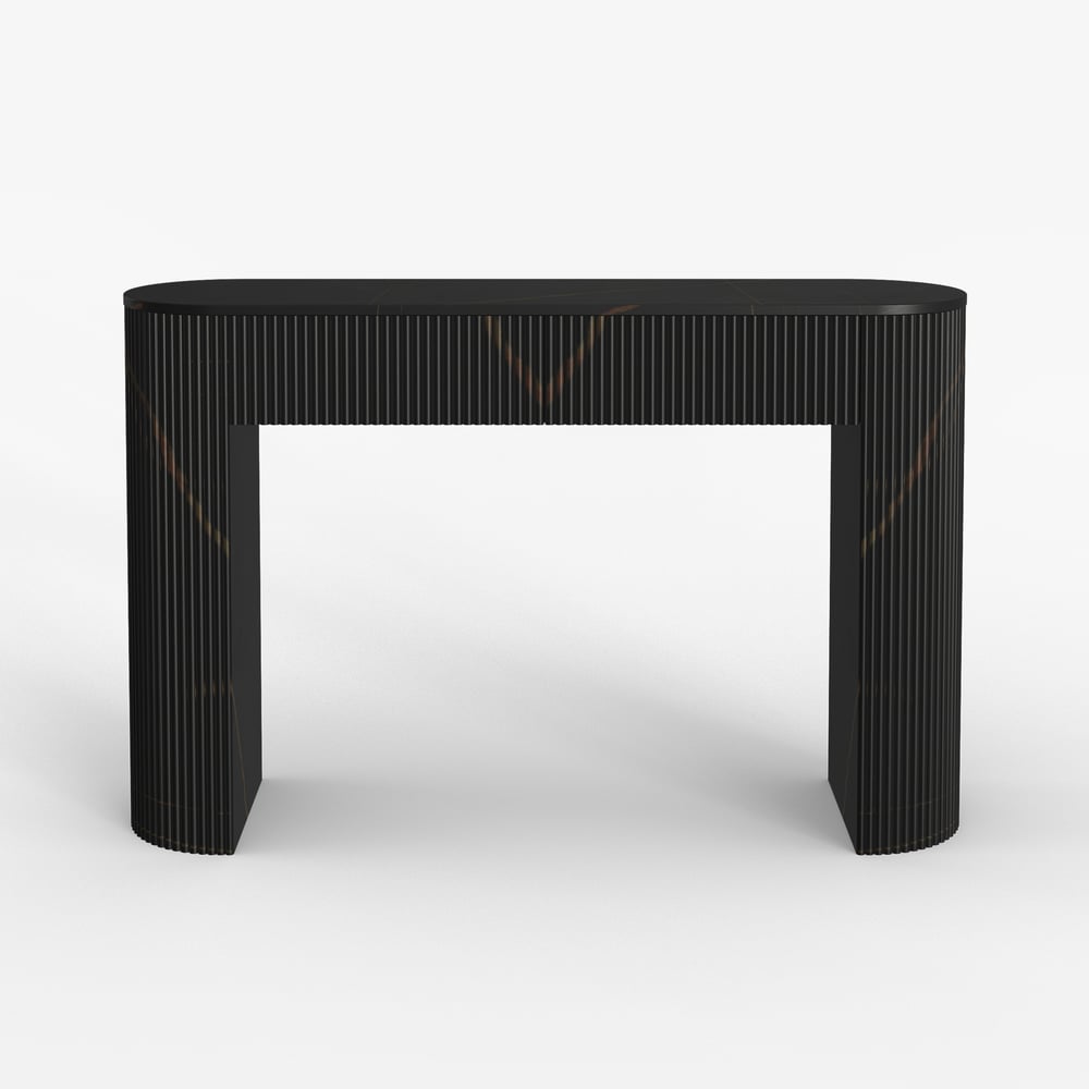 Oval Black Console Table with Waved Wood Top window image