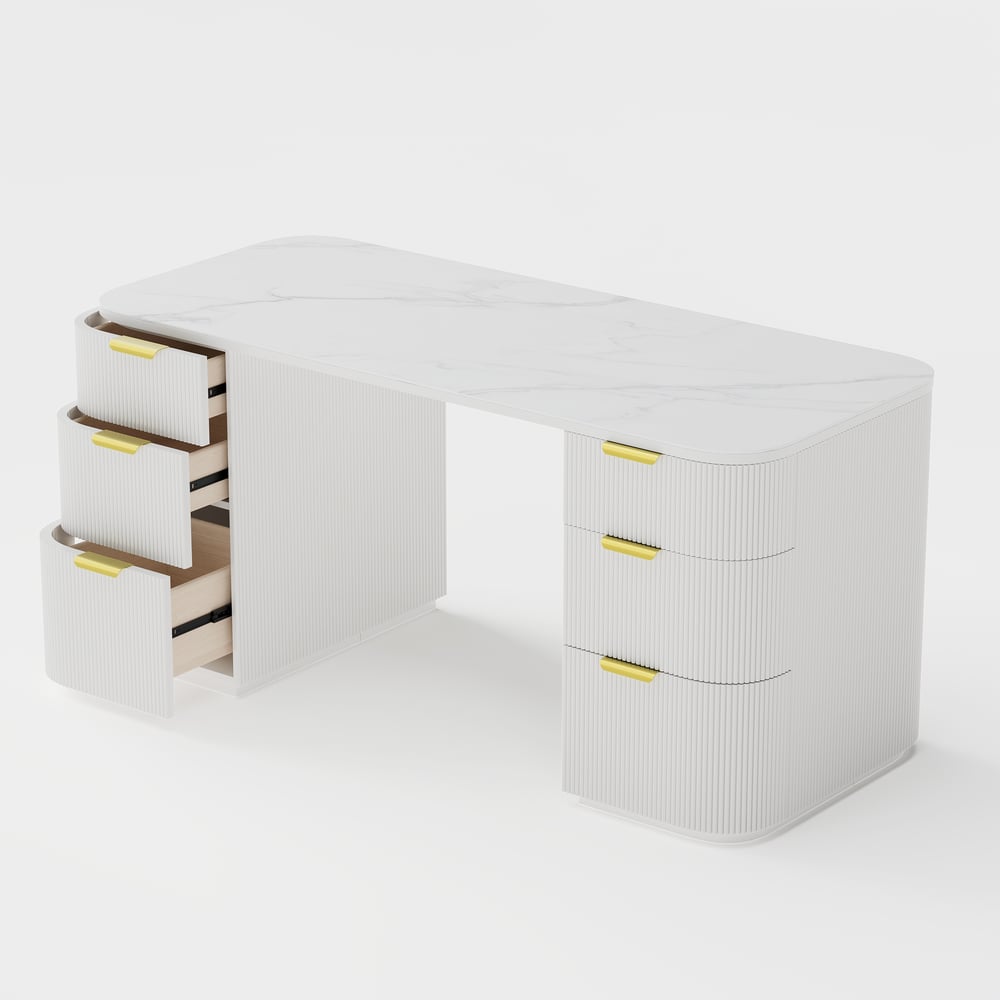 Modern White Ash Wood & Sintered Stone Rectangle Desk with 6 Drawers (63.8") window image