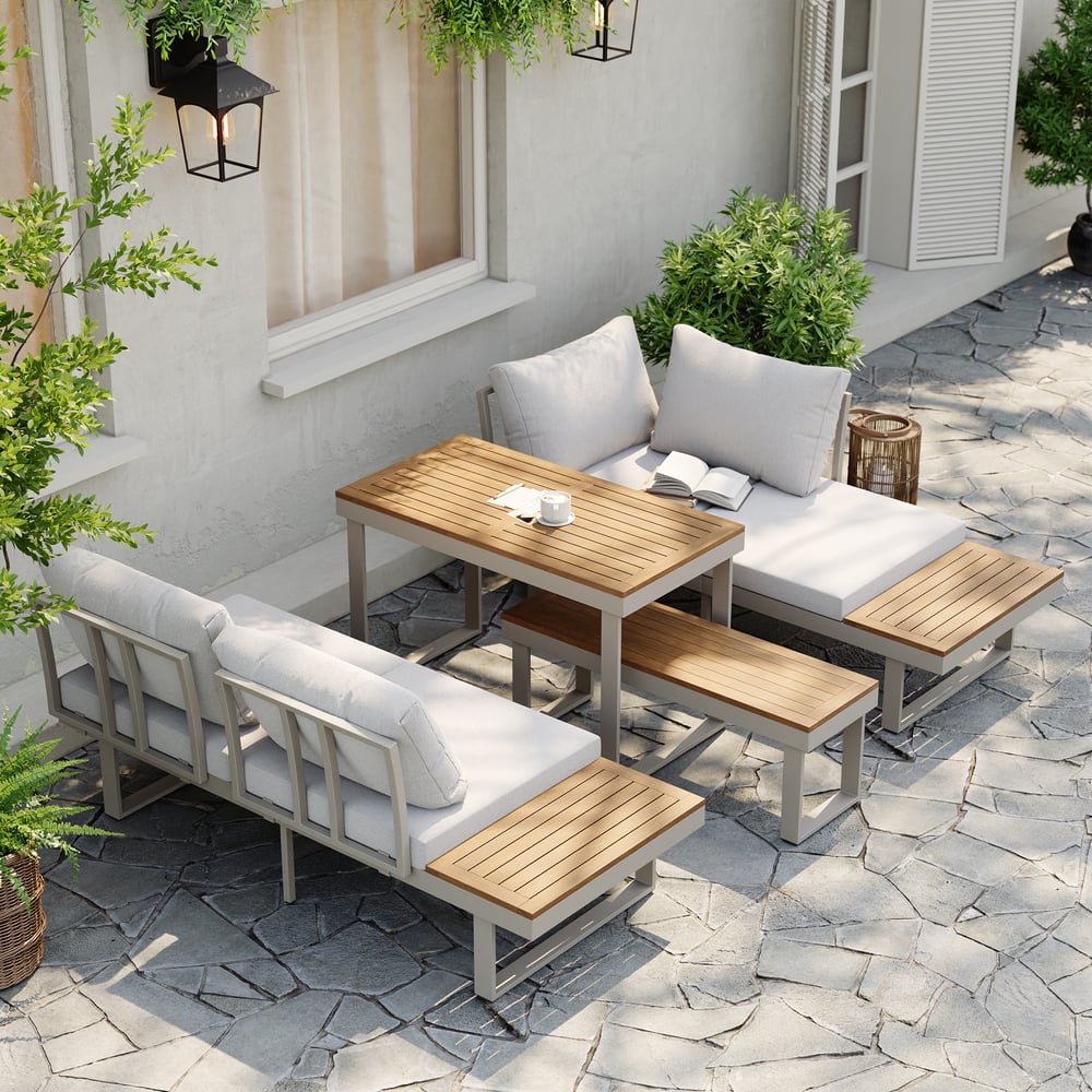 4-Pieces Outdoor Acacia Sectional Sofa Set with Cushion and Side Table window image