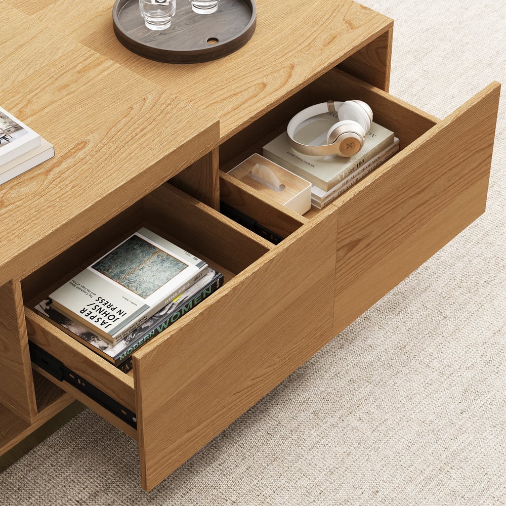 Ensemble meuble TV extensible et table basse Mordelle Natural image de fenêtre