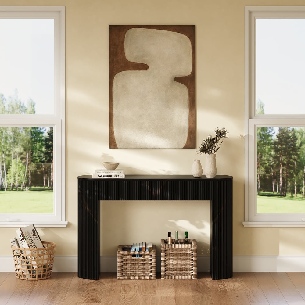 Oval Black Console Table with Waved Wood Top window image