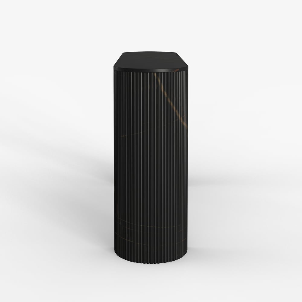 Oval Black Console Table with Waved Wood Top window image