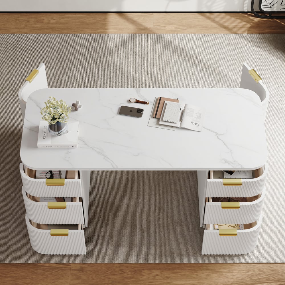 Modern White Ash Wood & Sintered Stone Rectangle Desk with 6 Drawers (63.8") window image
