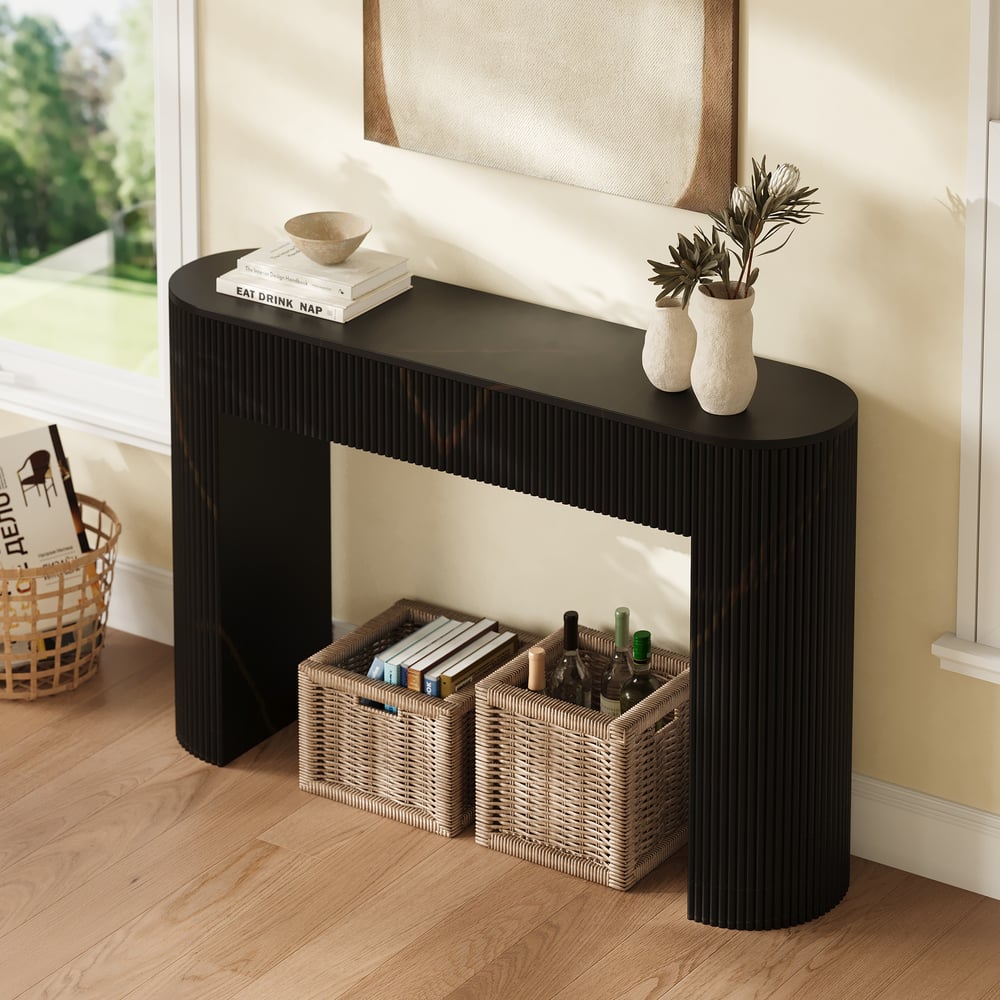 Oval Black Console Table with Waved Wood Top window image