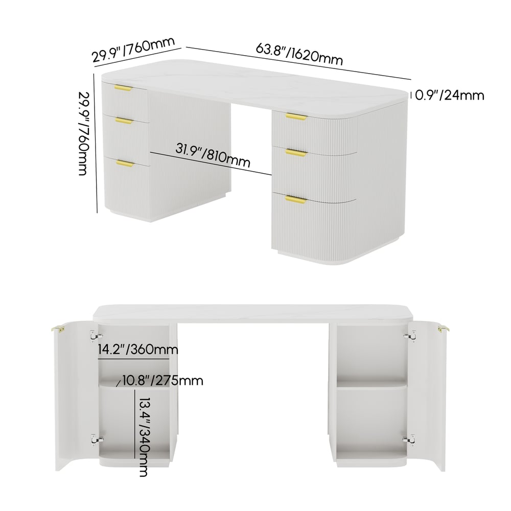 Modern White Ash Wood & Sintered Stone Rectangle Desk with 6 Drawers (63.8") weights dimensions image