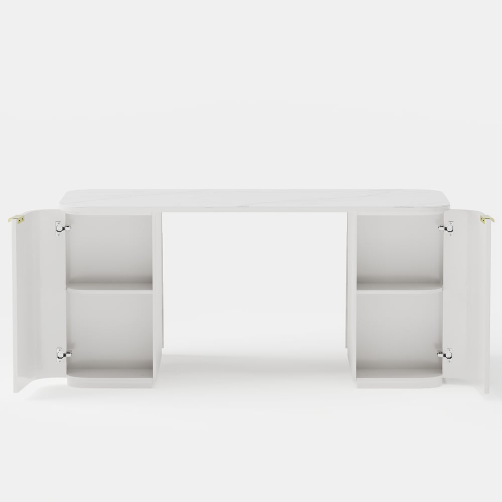 Modern White Ash Wood & Sintered Stone Rectangle Desk with 6 Drawers (63.8") window image