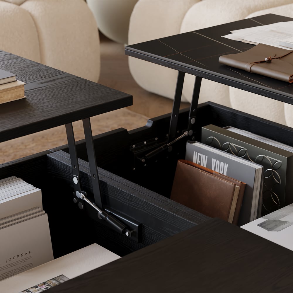 39" vierkante salontafel van travertijnfineer met lift en gesinterde stenen opbergruimte Vensterafbeelding