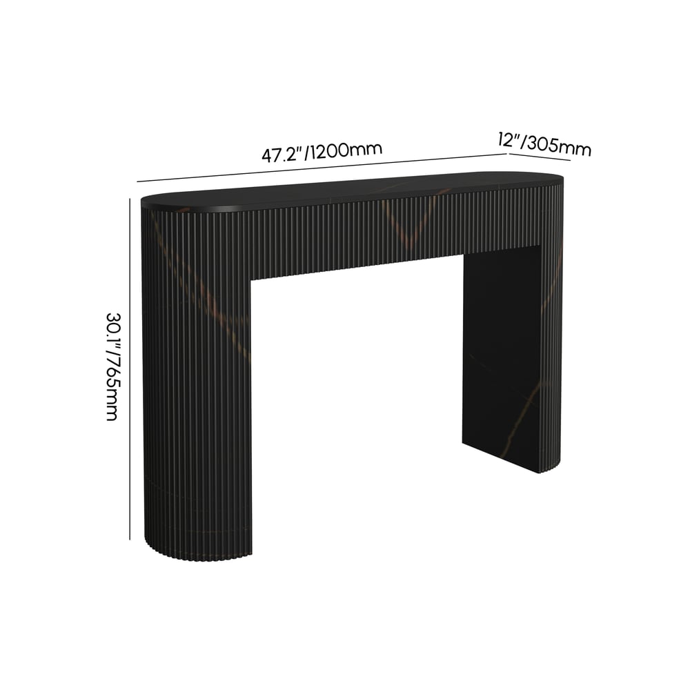 Oval Black Console Table with Waved Wood Top weights dimensions image