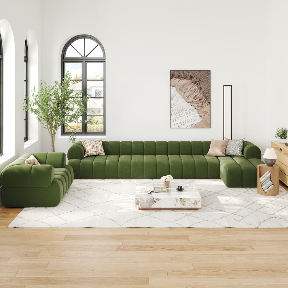 Sofá secional de veludo chenille de 4 peças Nimbus 4000 mm com chaise Imagem da janela