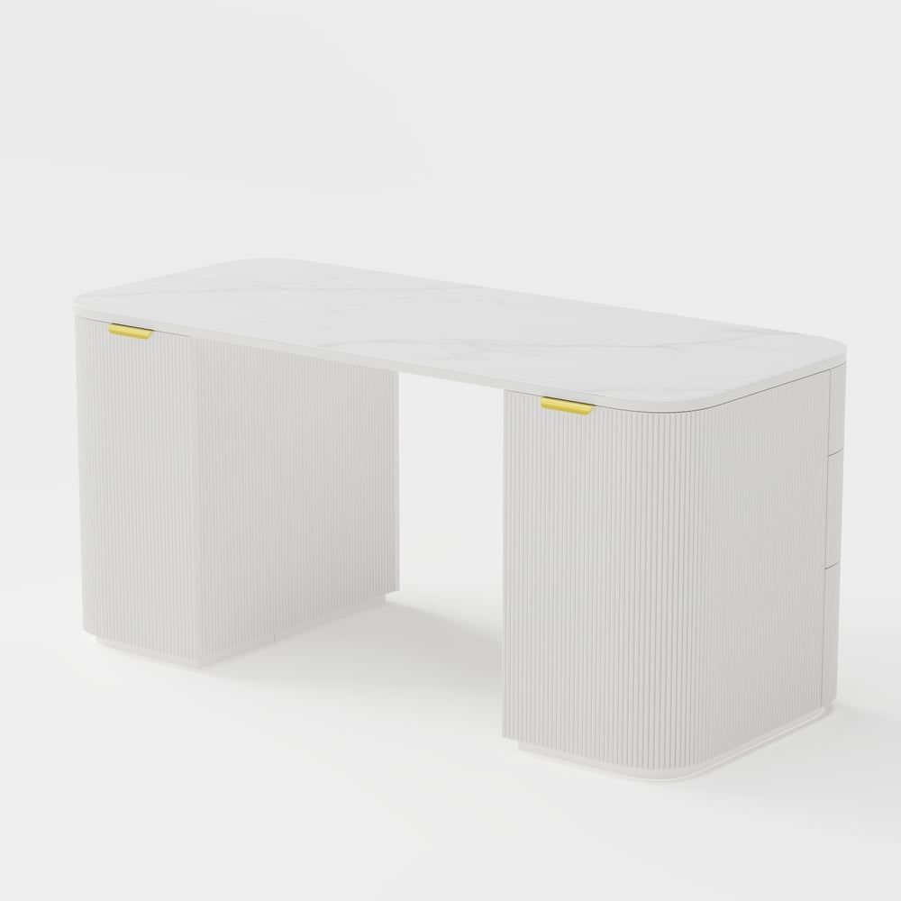 Modern White Ash Wood & Sintered Stone Rectangle Desk with 6 Drawers (63.8") window image