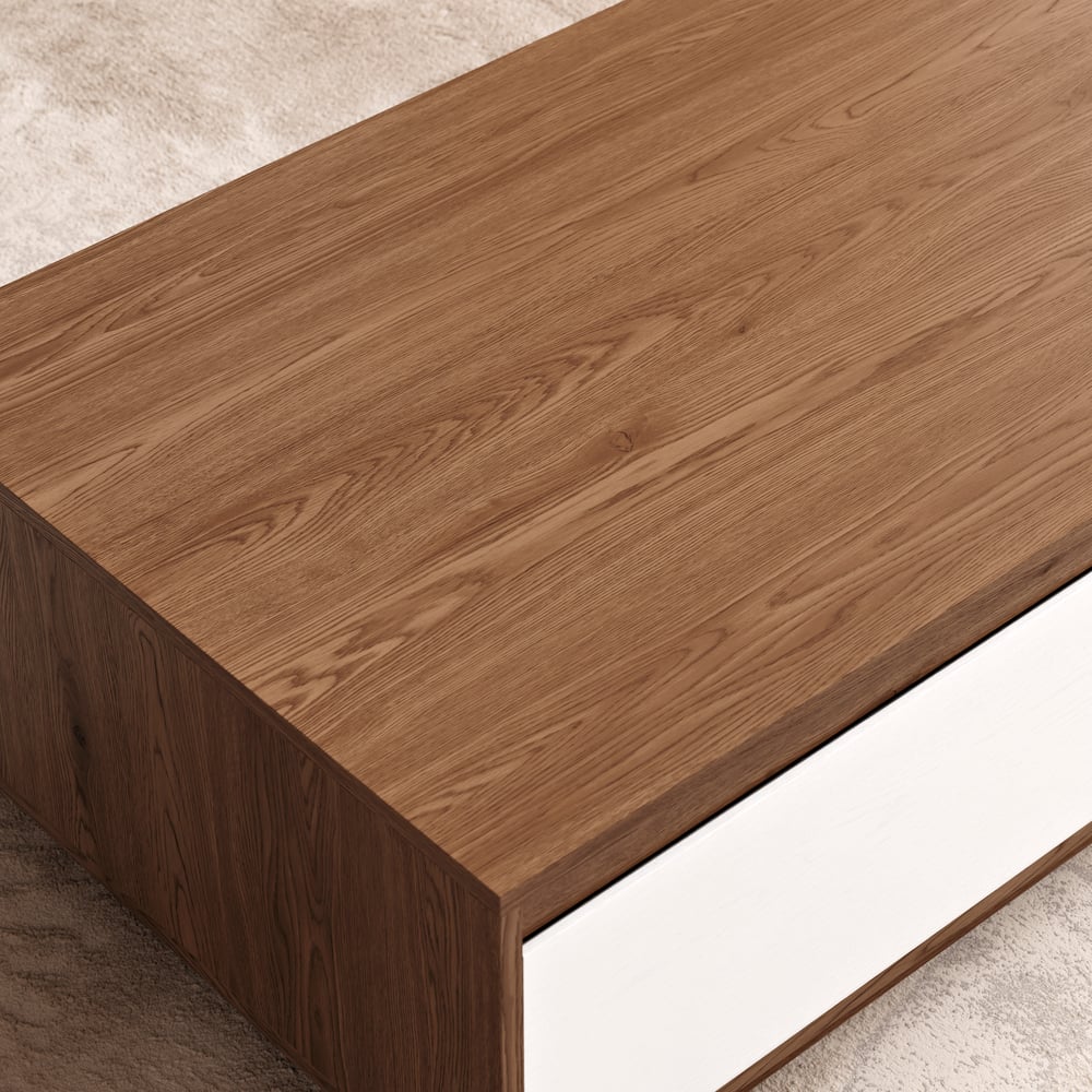 Rechthoekige salontafel van 1200 mm uit het midden van de eeuw, wit en walnootblok Vensterafbeelding