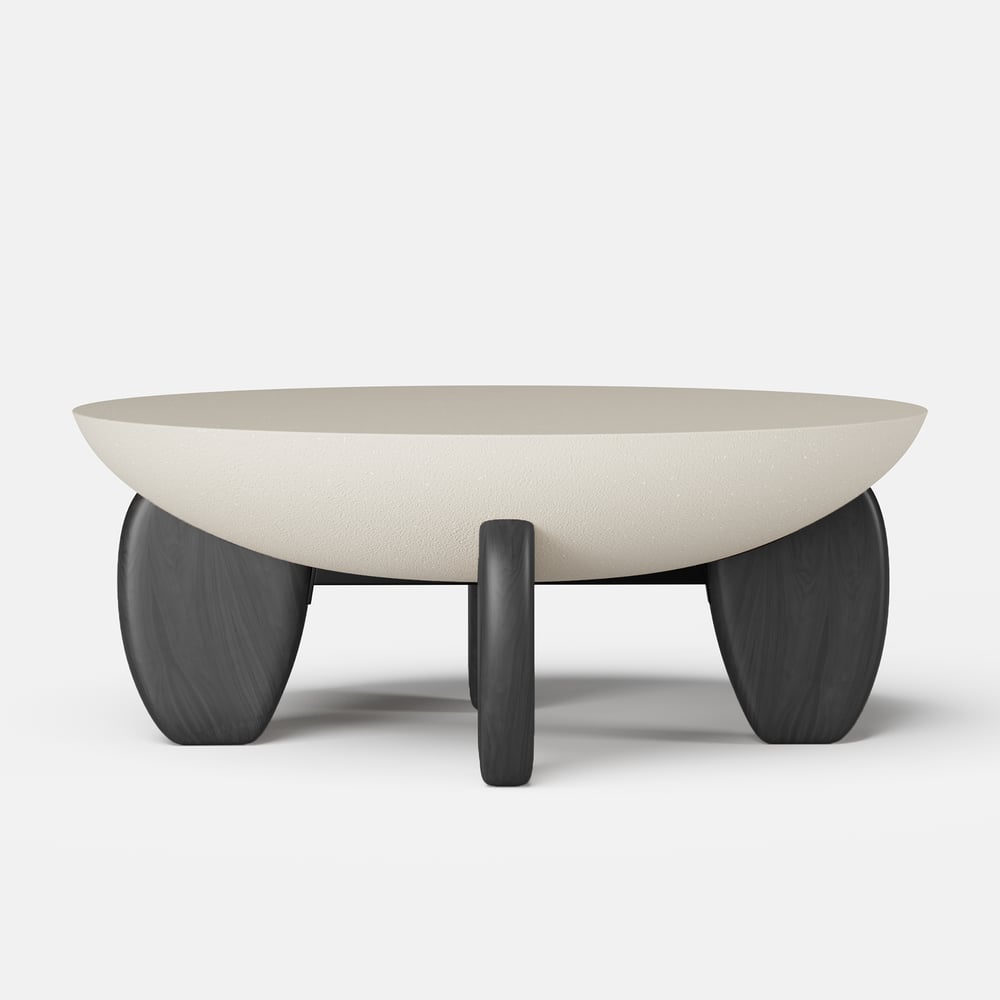 Curva ronde betonnen zwarte salontafel met houten poten Vensterafbeelding