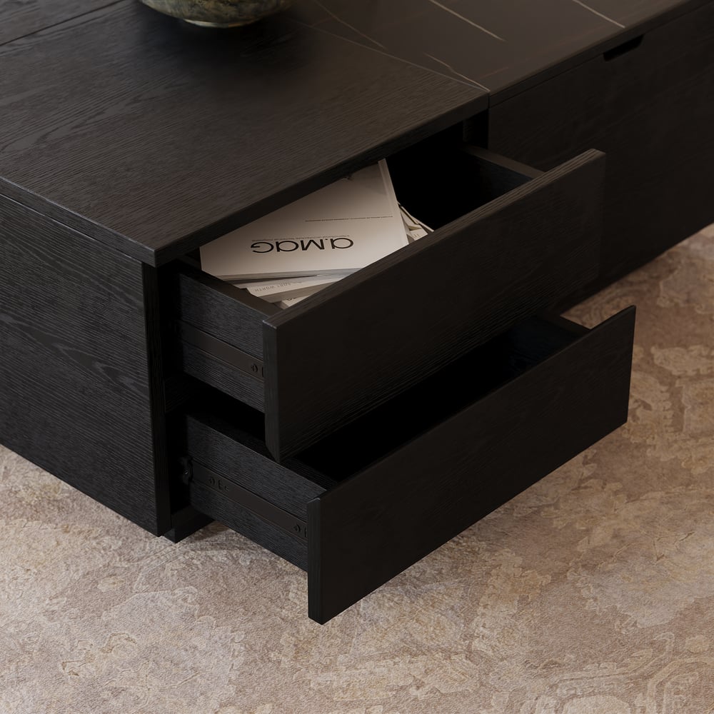 39" vierkante salontafel van travertijnfineer met lift en gesinterde stenen opbergruimte Vensterafbeelding