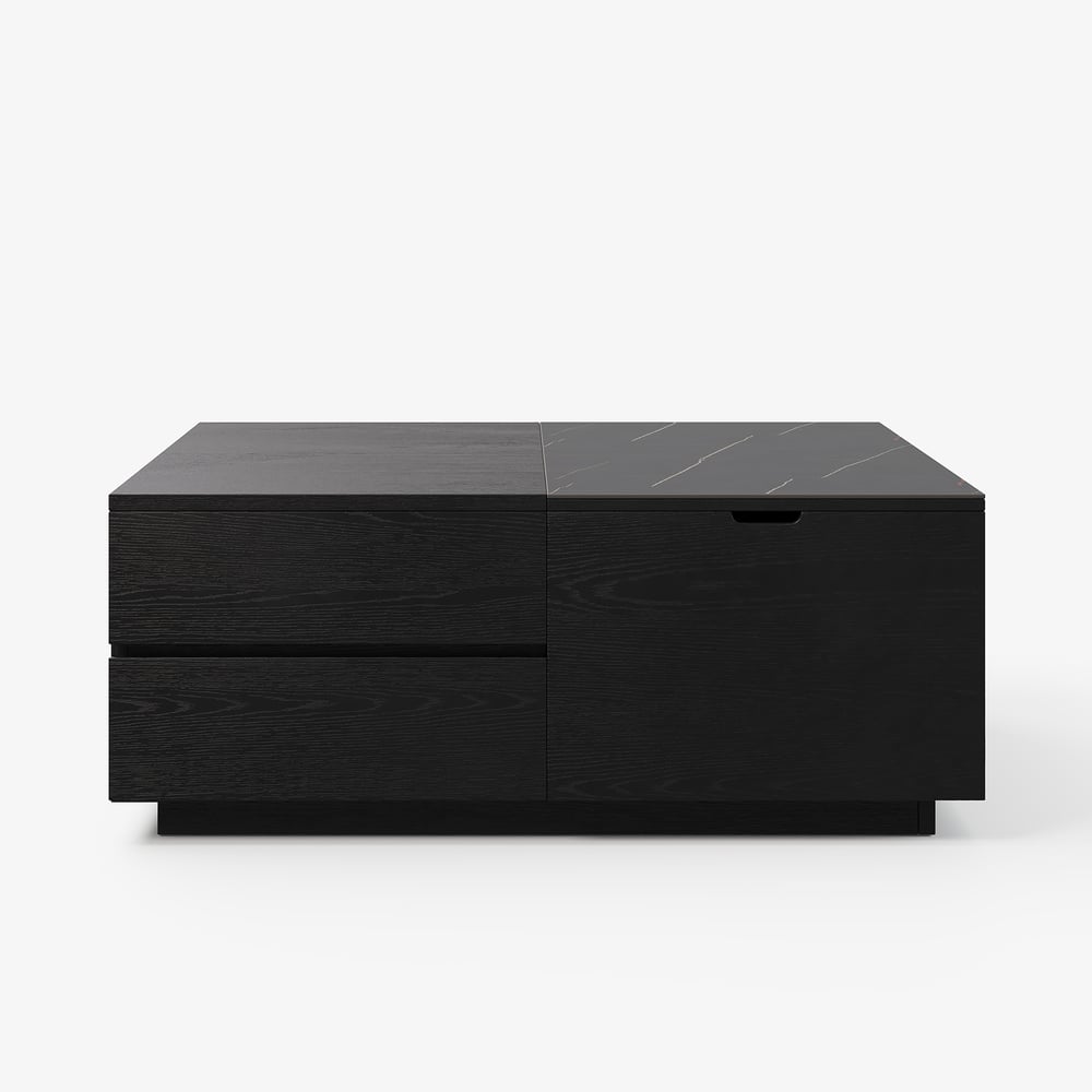 39" vierkante salontafel van travertijnfineer met lift en gesinterde stenen opbergruimte Vensterafbeelding